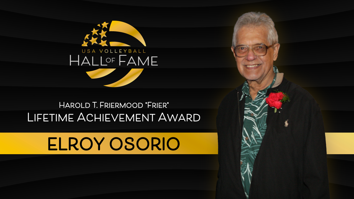 Photo of a man in Hawaiian shirt and tie with the words Lifetime Achievement Award Harold T. Friermood Award Elroy Osorio